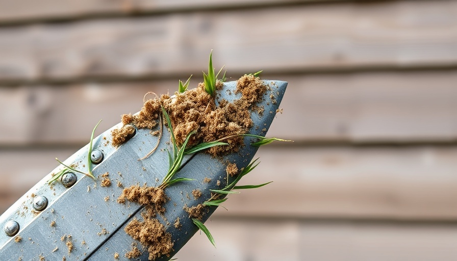 Close-up view of lawn mower blade with grass residue in Shelby, MI.