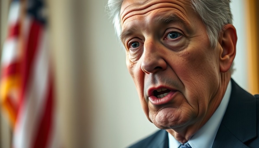 Man speaking seriously in formal setting with U.S. flag.