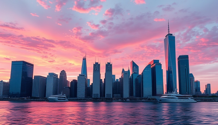 Modern skyline in Florida at twilight reflecting on water.