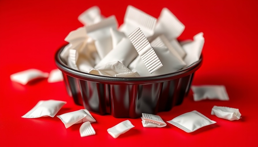 Close-up of caffeine pouches in a black container on red surface.
