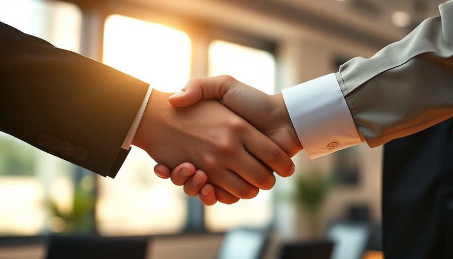 Business handshake agreement scene in a professional setting.