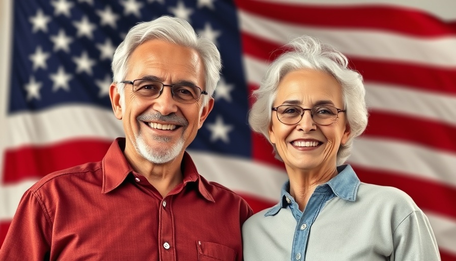 Older couple smiling with American flag, apply for Social Security in Muskegon.