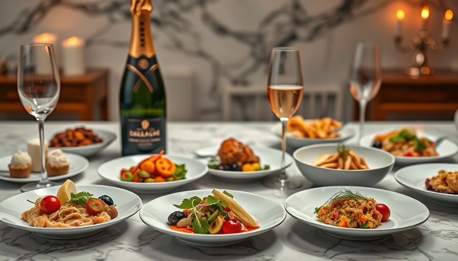 Fine dining setup with champagne on marble table, photorealistic.