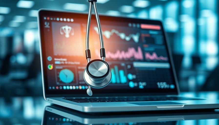 Digital representation of medical device technology market growth with stethoscope and laptop.