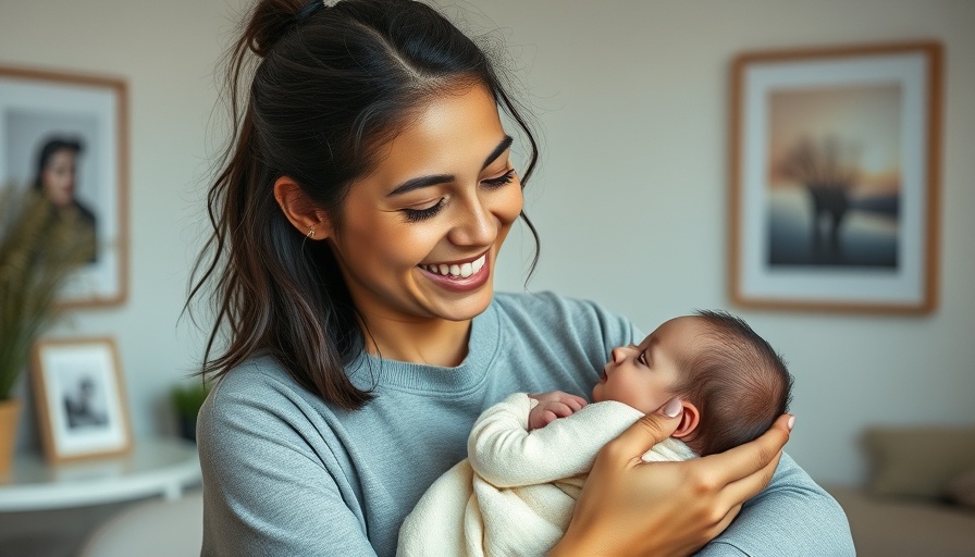 Young woman smiling warmly with a baby, vibrant sweater, calm room setting, newest technology in healthcare Muskegon.