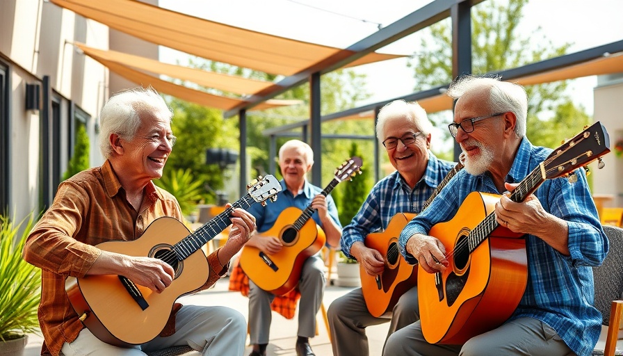Elderly musicians performing outdoors under shade in Hayward.