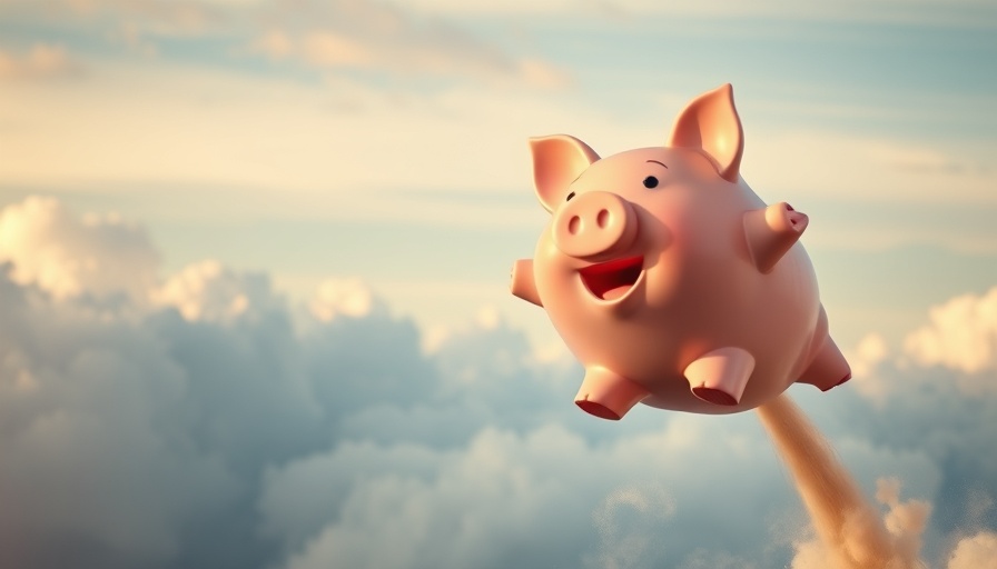 Piggy bank launching upward, symbolizing mental shift for saving for retirement.