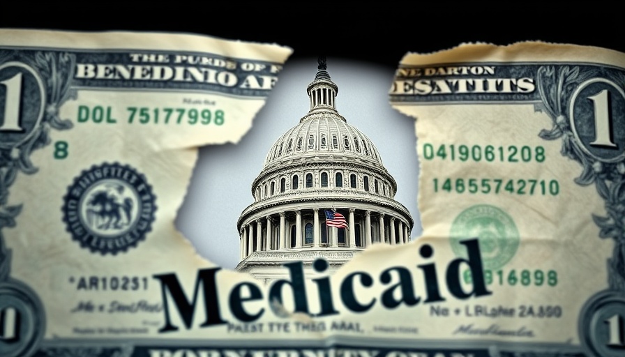 Torn dollar bill revealing Medicaid and Capitol, depicts removal of duplicative Medicaid enrollees.