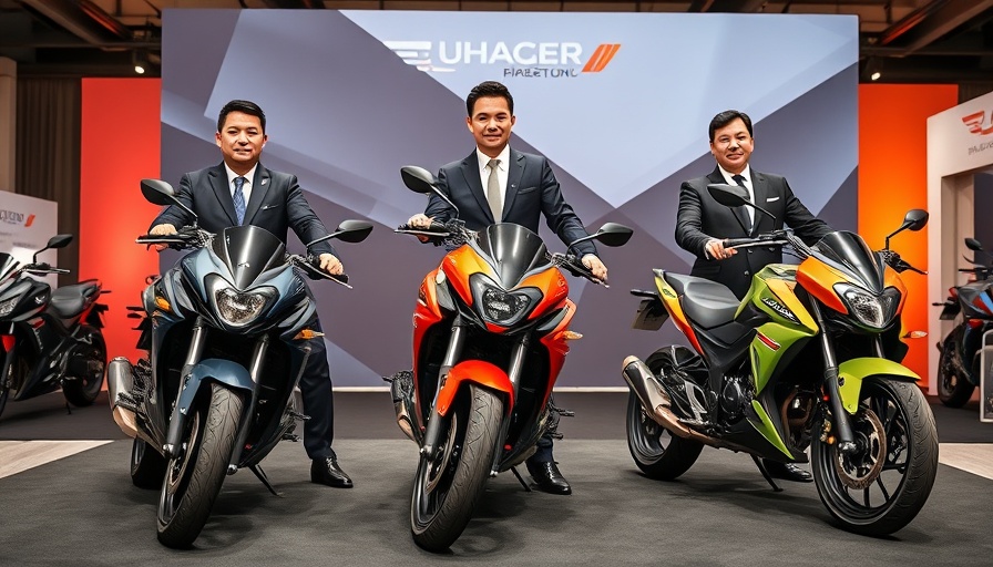 Business professionals showcasing new motorcycles at a branded event.