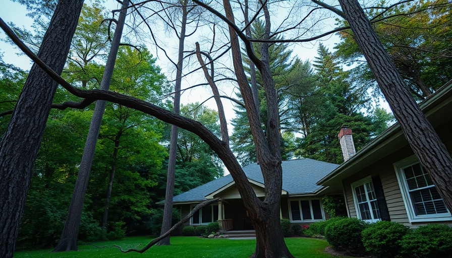 Storm-damaged trees leaning towards a house in a lush green setting.