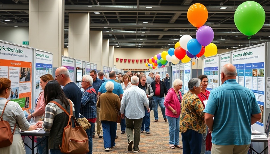 Lively senior wellness fair with attendees engaging at booths.