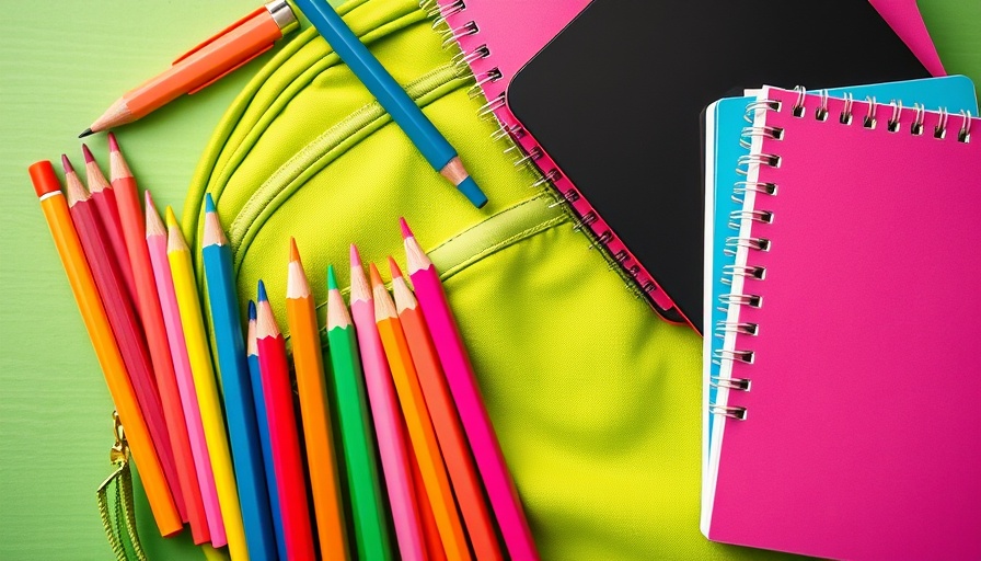 Colorful back to school supplies with green backpack.