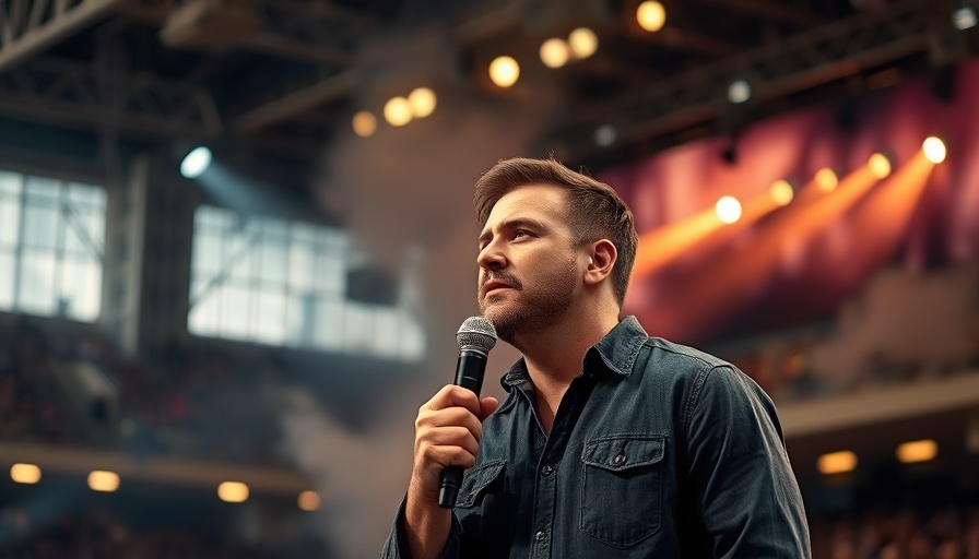 Man on stage, thoughtful expression, holding microphone, changing the narrative on autism