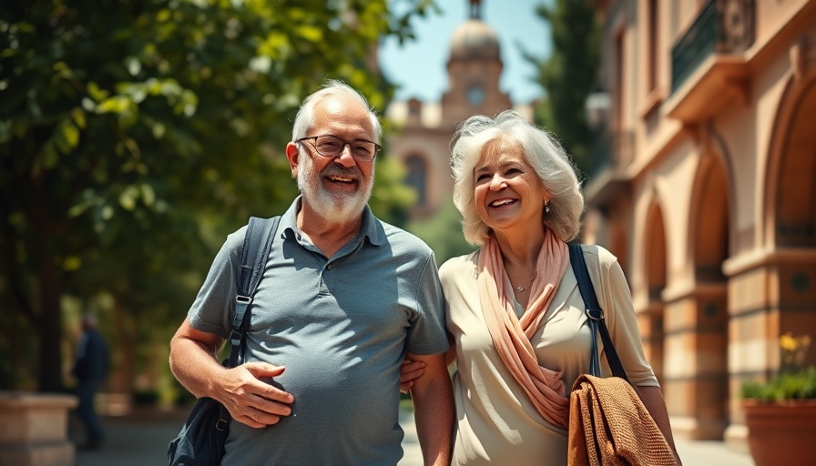 Joyful retired couple overcoming retirement spending anxiety outdoors.