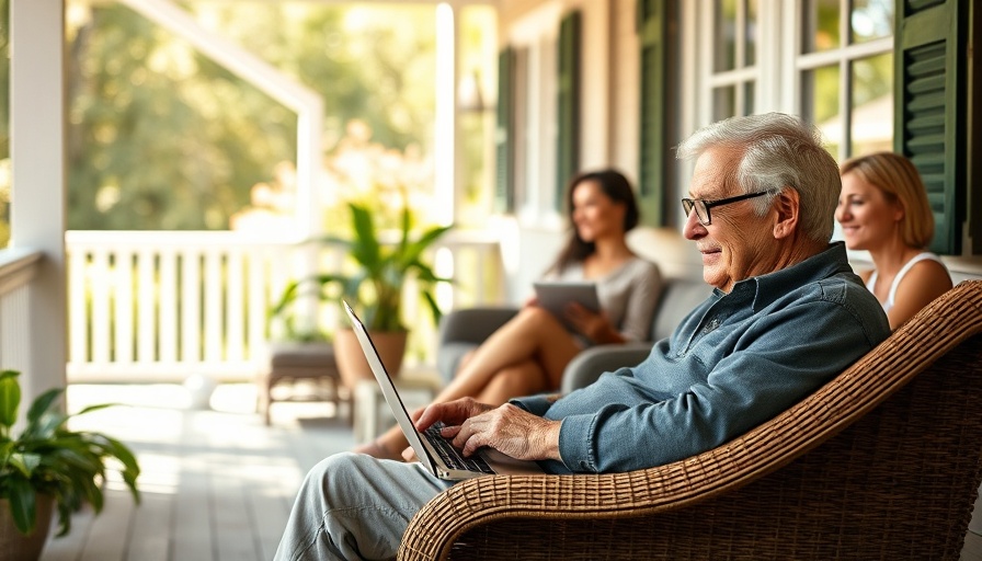 Elderly man enjoying retirement financial planning on laptop outdoors.