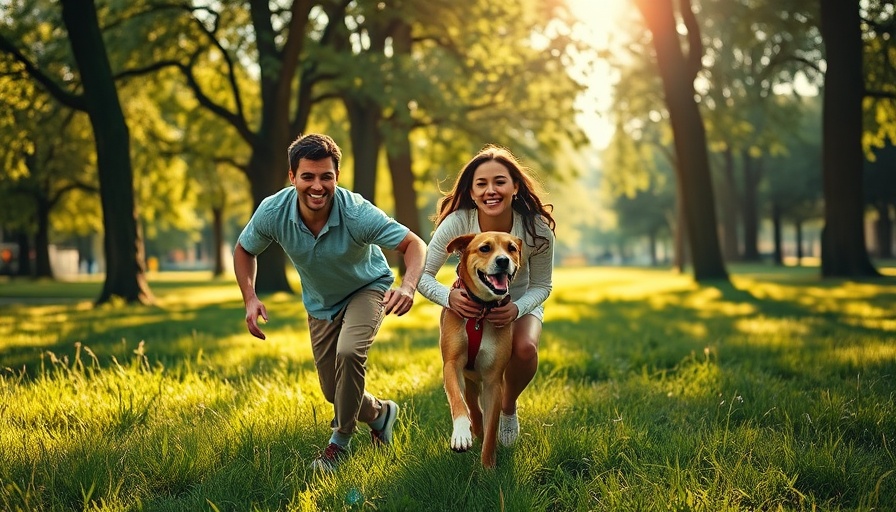 Joyful couple playing with dog in park, highlighting joint health support for aging pets.