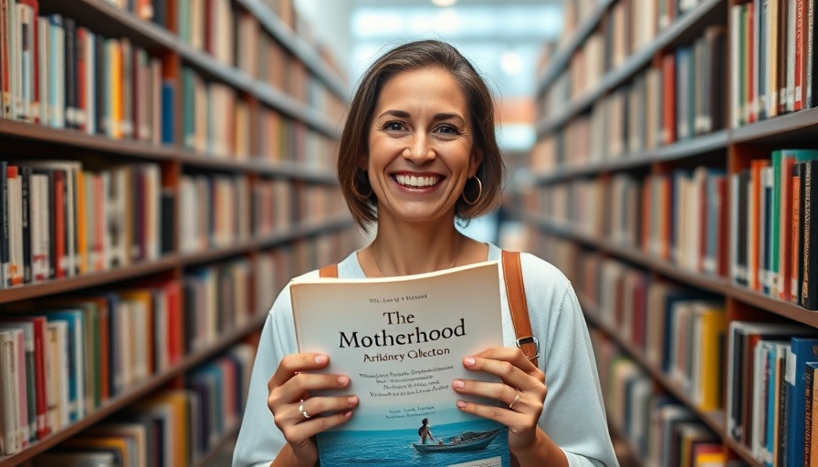 Emily Bright holding her poetry collection on motherhood in a library.