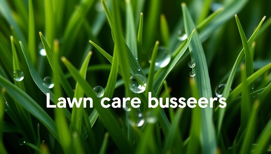 Lawn care services Shelby MI promo with dewy grass close-up.