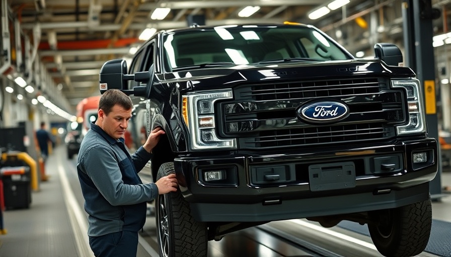 Ford Motor Company future strategies: worker inspects truck in factory.