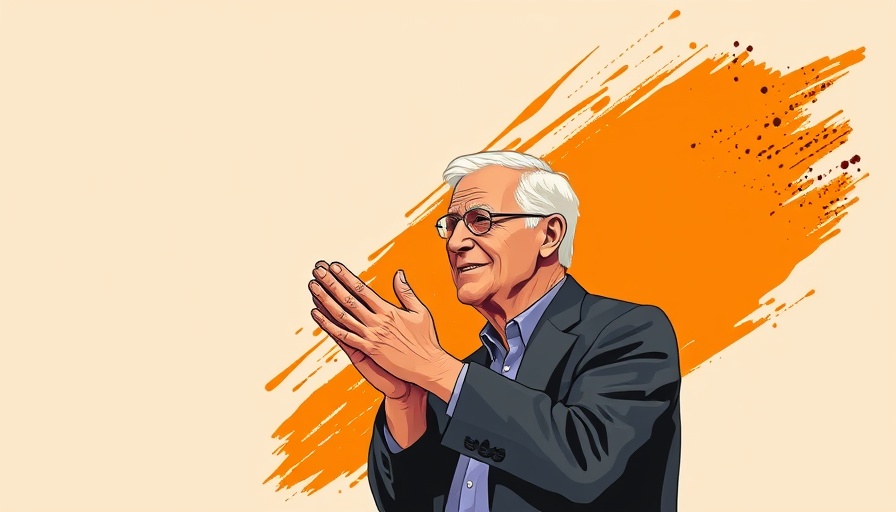 Stylized illustration of Trump clapping with Statue of Liberty and orange background.