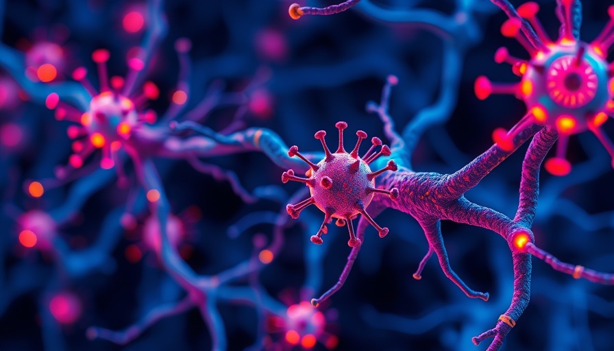 Neurons and plaques in Alzheimer's research illustration.