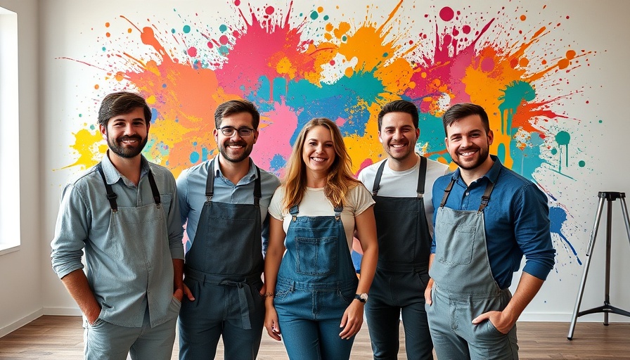 Cheerful painters in front of a colorful wall mural at autism resource center.
