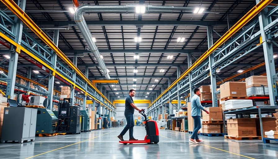 Industrial warehouse with machinery and worker operating pallet jack.