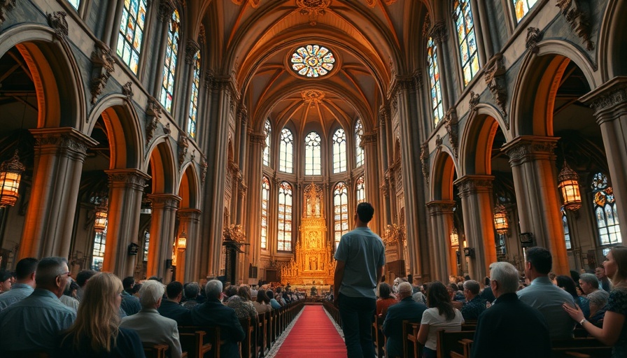 Cathedral interior for autistic worshippers with large screen.