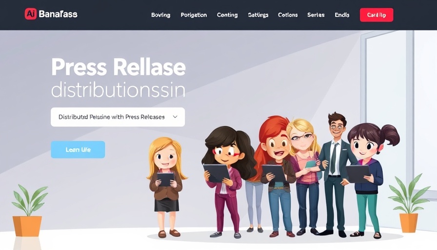 Press release distribution service illustration featuring diverse animated characters.