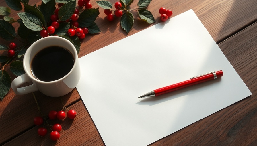 Blank paper, pen, and coffee cup on table with red berries; Massachusetts Medicare For All.