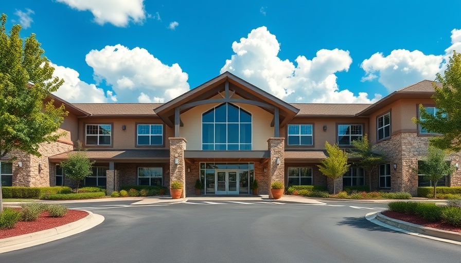 Modern senior living facility exterior emphasizing lush landscaping.