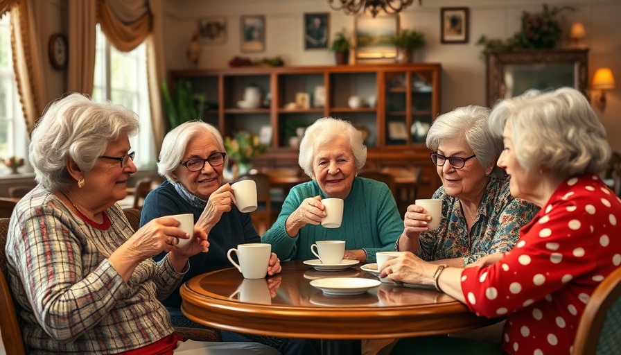 Elderly women socializing in retirement home's dining room with vintage decor.