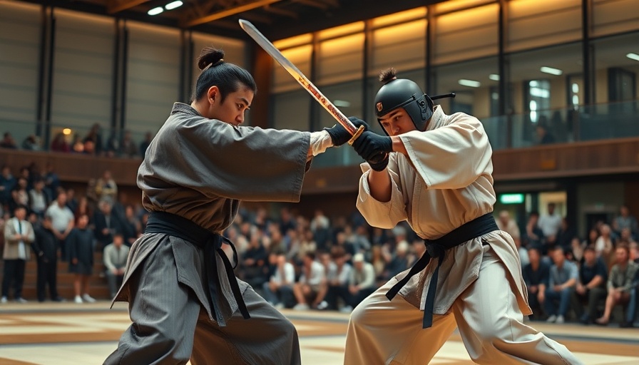 Traditional Japanese swordsmanship competition in action at an indoor arena.