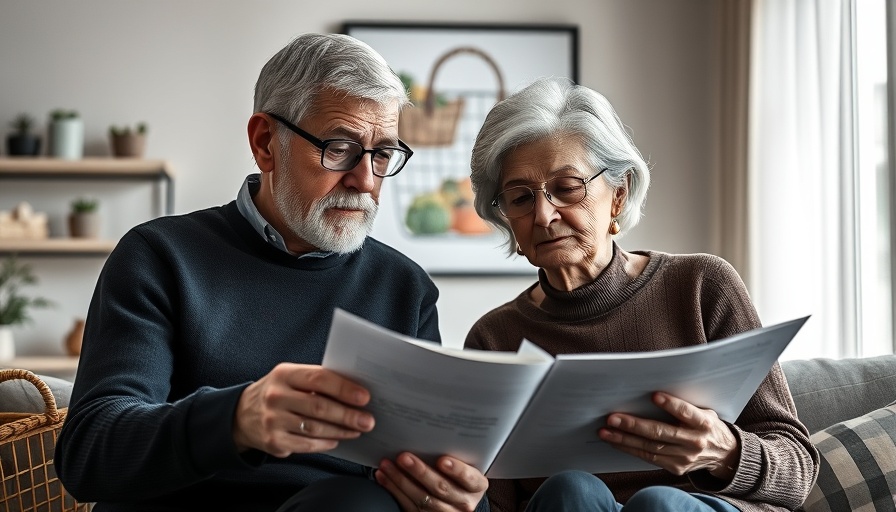 Senior couple discussing Social Security COLA for seniors in Muskegon with documents.