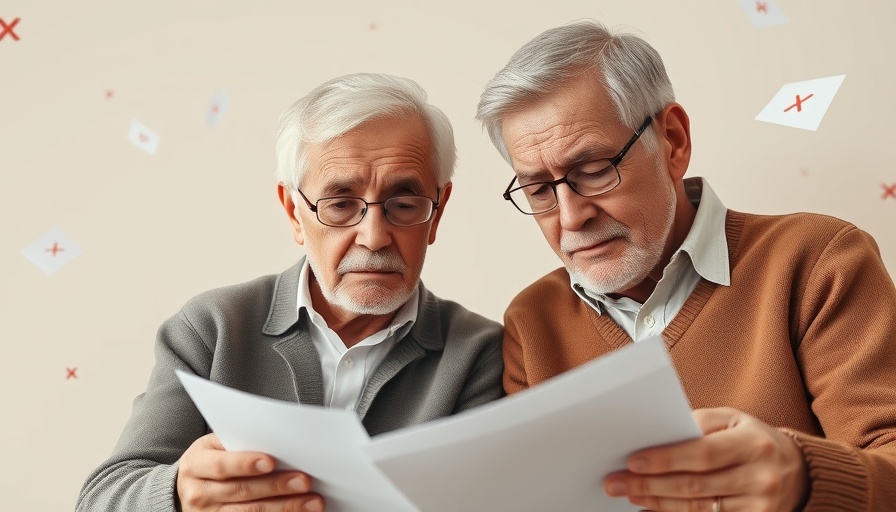 Seniors worried about Social Security issues with documents and symbols.