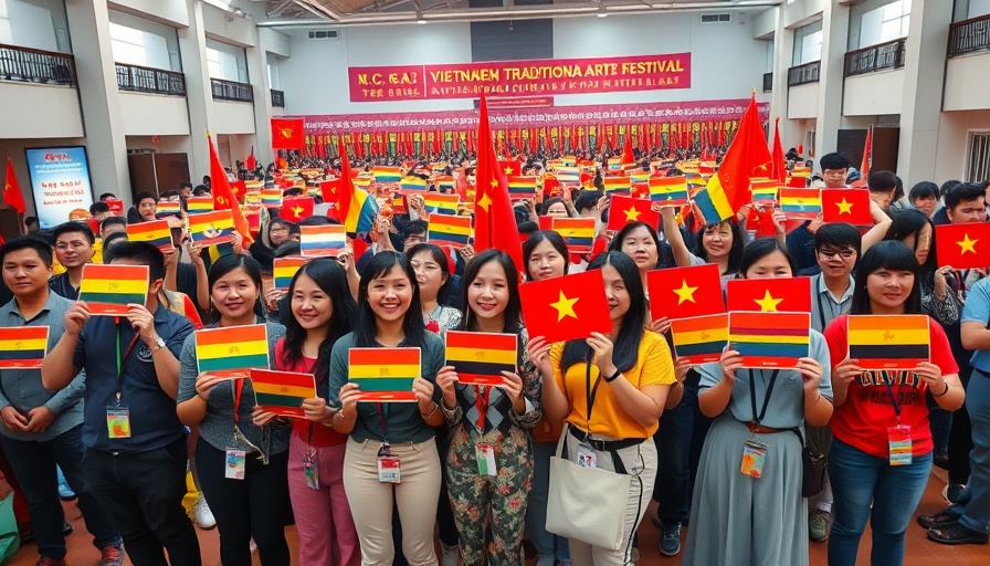 Participants at Vietnamese traditional martial arts festival with country plaques.