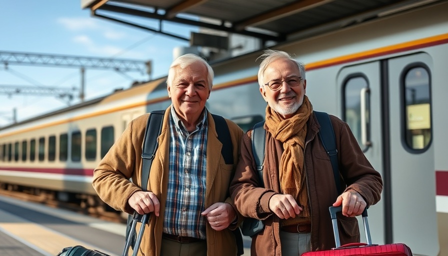 Elderly travelers smiling by a train, related to senior health coverage options.