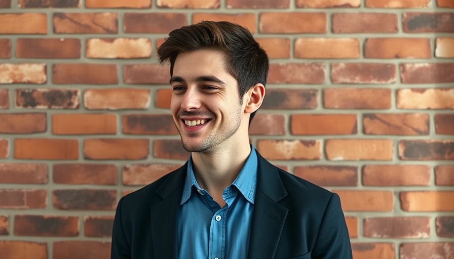 Friendly young man with soft smile in a blue shirt.
