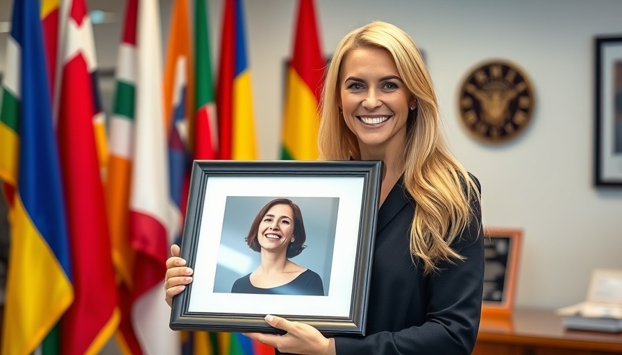 Woman at autism advocacy forum holding photo near flags and plaque