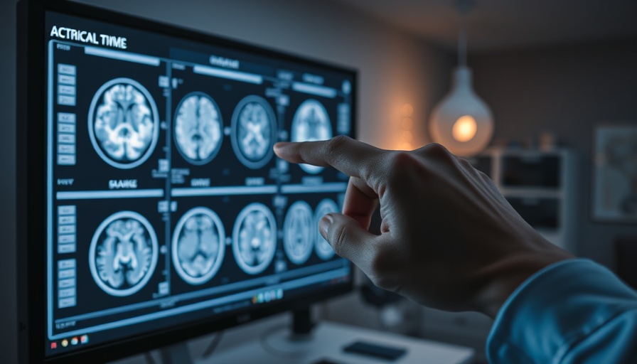 Hand pointing at brain scans on screen, analysis related to Alzheimer’s risk.