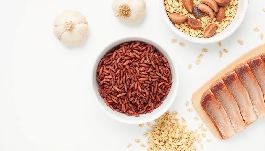 Assortment of natural alternatives to statins including garlic, oats, and red yeast rice.
