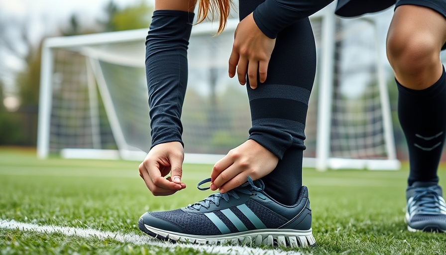 Young athlete focused on tying shoelaces for injury prevention in soccer field.