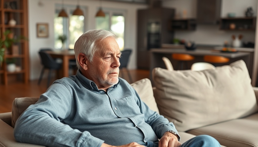 Elderly man contemplating in a modern living room, linking autism and Alzheimer's.