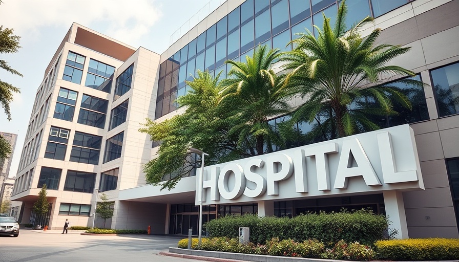 Wide-angle view of a hospital entrance with a blue sign, showcasing Alzheimer's disease treatment improvements setting.