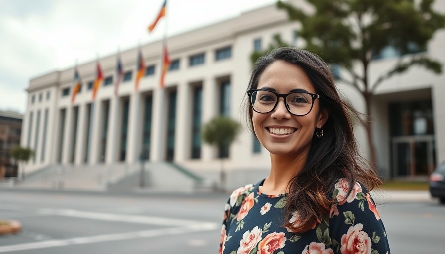 Smiling woman in glasses in front of government building, autism support in Darlington
