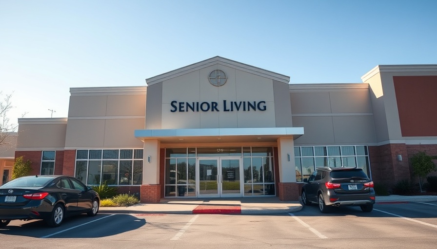 Affordable senior living center entrance with signage and morning sunlight.