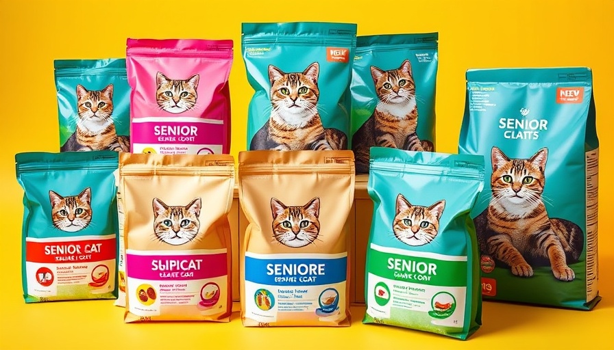 Best senior cat food selection with colorful packaging on yellow background.