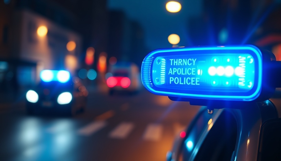 Police lights in city, bokeh background, night scene.