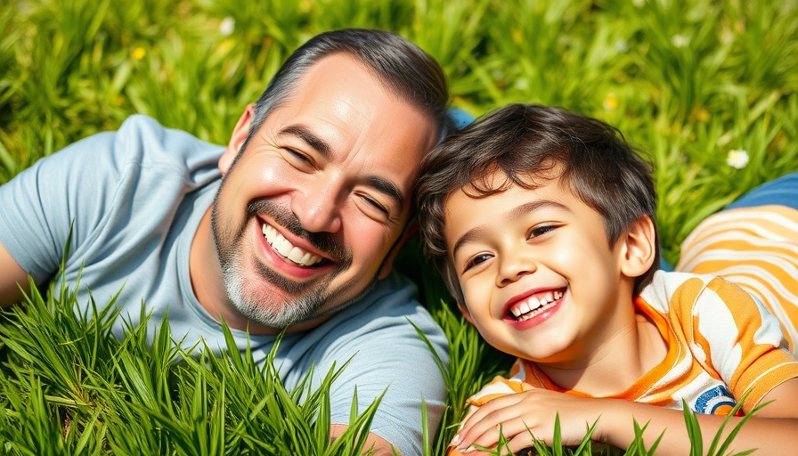 Father and child smiling on fresh green grass related to Shelby MI irrigation system installation.