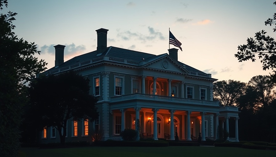 Majestic mansion with glowing lights at dusk.
